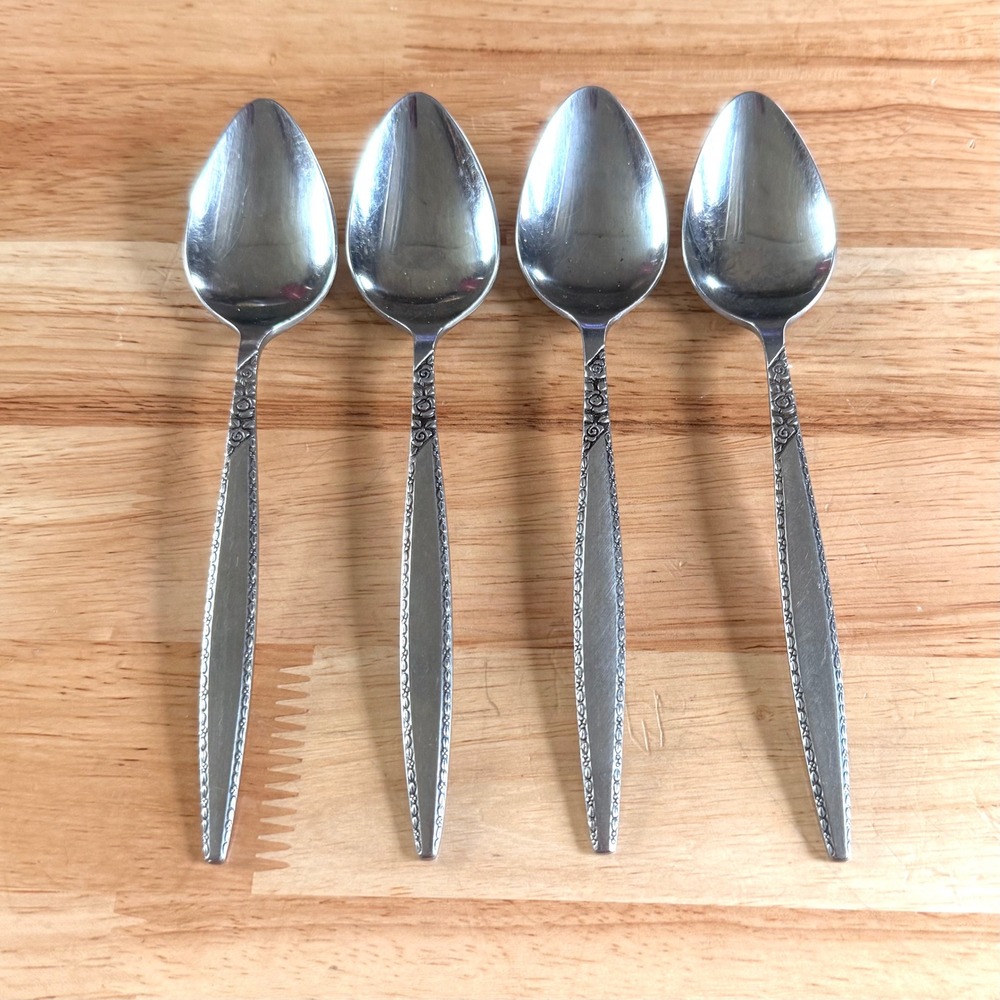 Crown Royal Trisha Orleans Silver Stainless Teaspoons Set 4 Japan Rose Floral 6"